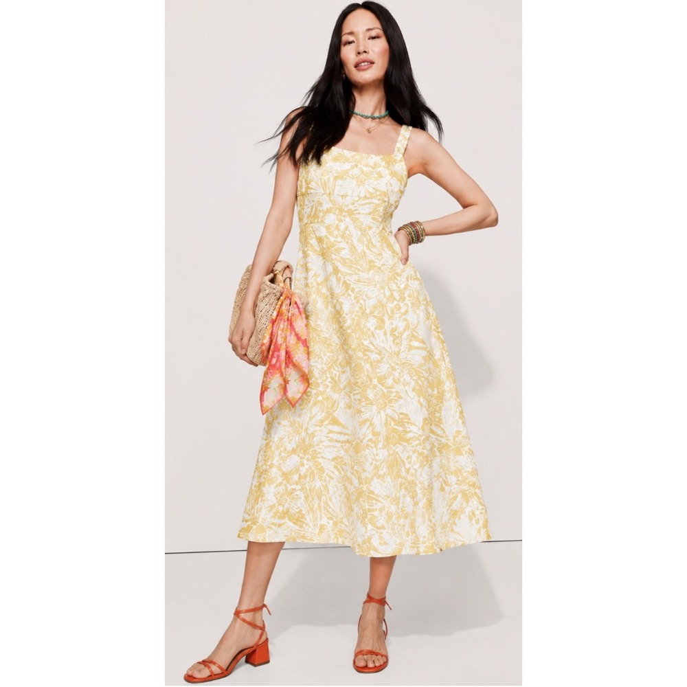 Banana‎ Republic Yellow Floral 100% Linen Midi Dress Sz 2 Summer Sun Costal